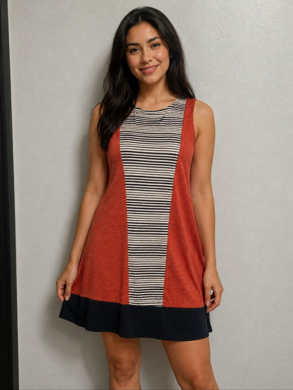Striped Center Panel Rust Sleeveless Tynic Dress